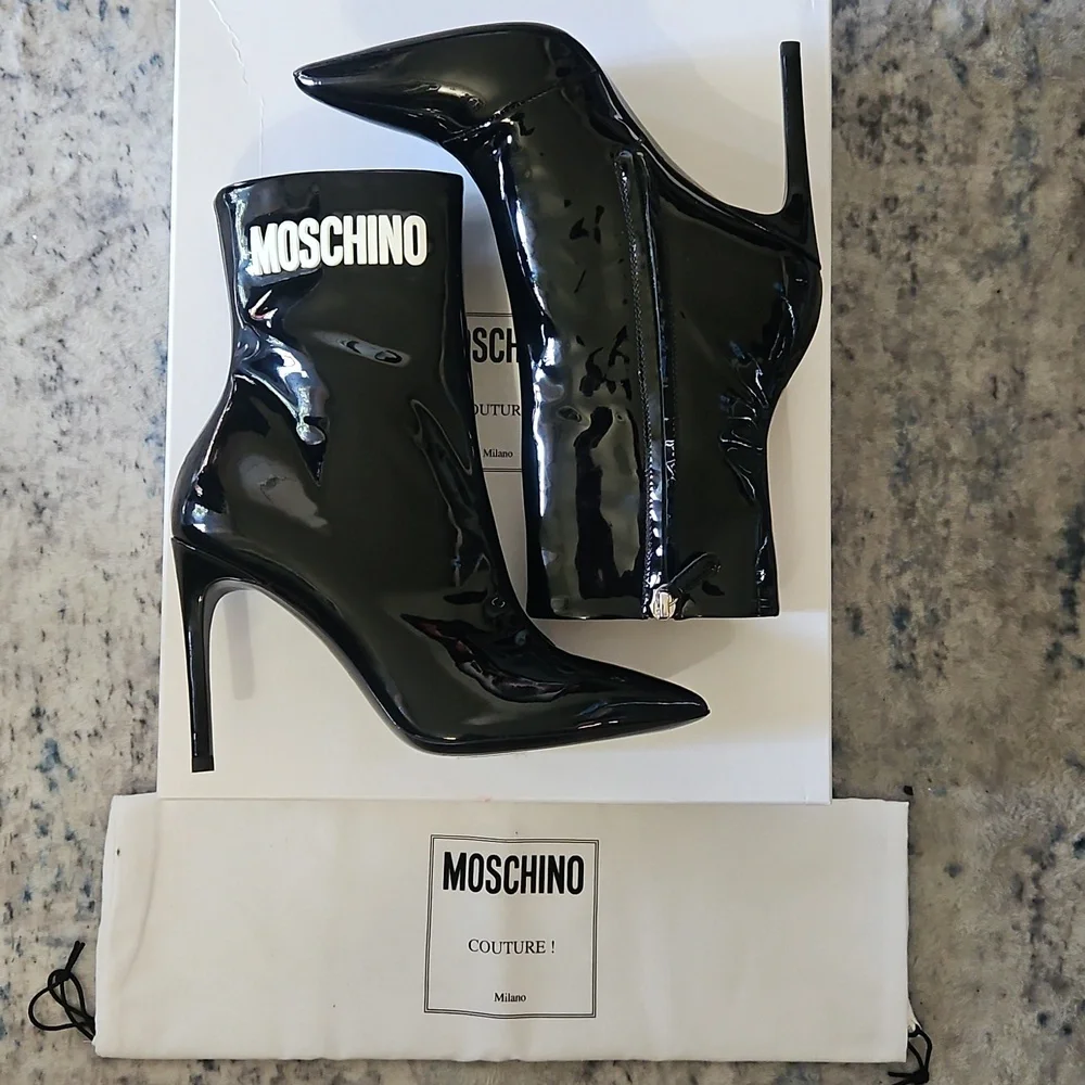 Moschino Patent Leather Pointed Toe Stiletto Boot – Black, 36.5 - Picture 1 of 9